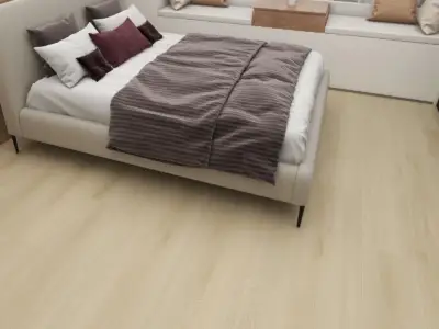 Brook BP907 Lago Ultra Clean™ 8.5mm SPC 9-inch planks, warm soft tan in a master bedroom.