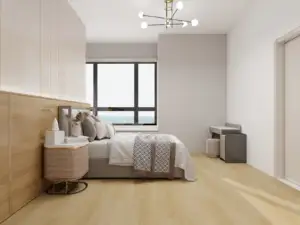 Cedar BP902 Lago Ultra Clean-BP9 SPC 9-inch wide waterproof flooring, warm natural oak in styled master bedroom interior.