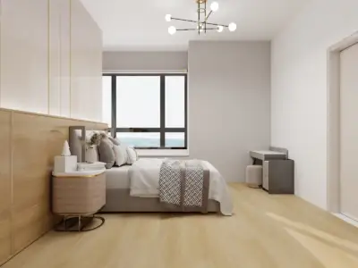 Cedar BP902 Lago Ultra Clean-BP9 SPC 9-inch wide waterproof flooring, warm natural oak in styled master bedroom interior.