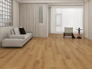 Lake Shasta ST003 Lago Smart Collection 6mm SPC 9-inch planks, medium brown in a living room.