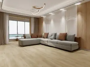 Stella BP904 Lago Ultra Clean™ 8.5mm SPC 9-inch planks, warm honey tan in a living room.