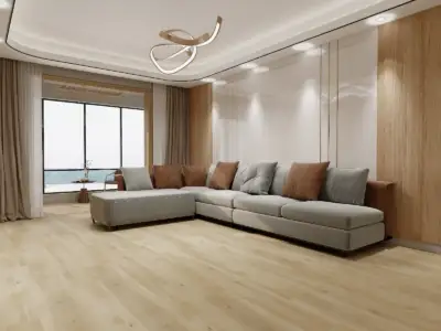 Stella BP904 Lago Ultra Clean™ 8.5mm SPC 9-inch planks, warm honey tan in a living room.