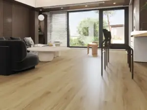 Warmo BP908 Lago Ultra Clean-BP9 SPC 9-inch wide waterproof flooring, warm rich caramel in styled interior.