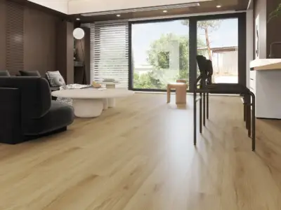 Warmo BP908 Lago Ultra Clean-BP9 SPC 9-inch wide waterproof flooring, warm rich caramel in styled interior.