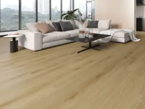 Warmo BP908 Lago Ultra Clean™ 8.5mm SPC 9-inch planks, warm caramel in a living room.