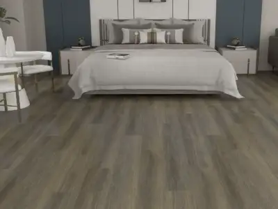 Yellowstone LG803 Lago Scratch Shield™ 8.5mm SPC 9-inch planks, dark taupe in a bedroom.
