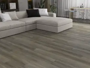 Yellowstone LG803 Lago Scratch Shield-LG8 SPC 9-inch wide waterproof flooring, dark taupe in styled interior.