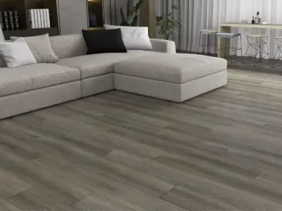 Yellowstone LG803 Lago Scratch Shield-LG8 SPC 9-inch wide waterproof flooring, dark taupe in styled interior.