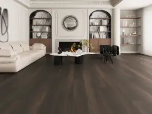 Lanikai Paradigm Flooring Insignia 20MIL WPC installed in formal living room with fireplace — dark chocolate — Los Gatos