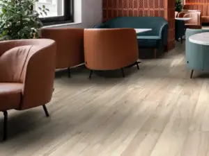 Lawrence Maple COREtec Pro Premium SPC installed in office — warm taupe beige — Mountain View