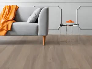 London Elm COREtec Pro Enhanced SPC installed in living room — Medium warm brown, barely-there beige shift — Palo Alto