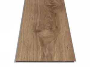 FloorScore-certified Lyric Oak COREtec Pro Enhanced SPC in smooth finish — honey-tinged beige with turquoise-framed windows