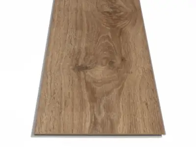 FloorScore-certified Lyric Oak COREtec Pro Enhanced SPC in smooth finish — honey-tinged beige with turquoise-framed windows