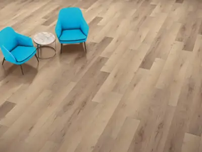 Madrid Oak COREtec Pro Enhanced SPC installed in office — warm beige-brown, grounded and refined — Fremont