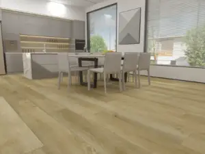 Maiden Paradigm Flooring Conquest 20MIL SPC installed in open kitchen with dining — warm beige-brown — Redwood City
