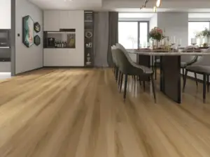 Marathon Paradigm Flooring Odyssey 20MIL WPC installed in dining room — warm cocoa-honey light brown — Pleasanton