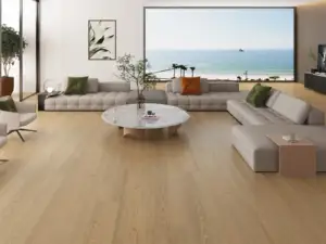 Matilda eSPC flooring in a bright living room, light brown.