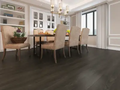 Mocha Paradigm Flooring Performer 12MIL SPC installed in formal dining room — dark chocolate brown — Union City