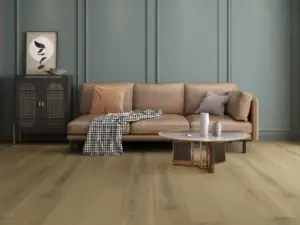 Mockingbird Paradigm Flooring Performer PLUS SPC installed in small modern living room — rich caramel-kissed — Santa Clara
