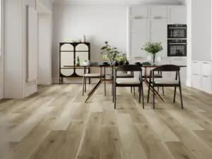 Morning Dew Paradigm Flooring Insignia 20MIL WPC installed in dining room with kitchen — warm tan-beige — Silicon Valley