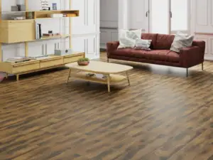 Muddy Paradigm Flooring Insignia 20MIL WPC installed in small living room — warm brown with organic depth — Sunnyvale