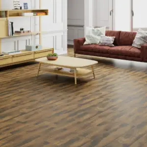 Muddy Paradigm Flooring Insignia 20MIL WPC installed in small living room — warm brown with organic depth — Sunnyvale