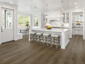 Nobility Paradigm Flooring Conquest 20MIL SPC installed in kitchen — medium brown with honeyed tones — San Mateo