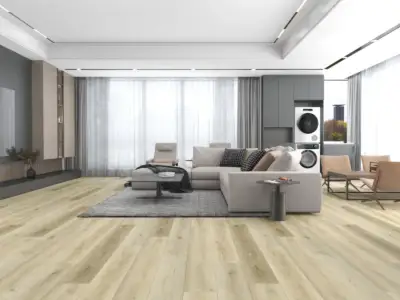 Oats Paradigm Flooring Performer 20MIL SPC installed in open modern living and dining — creamy beige kissed by — Milpitas