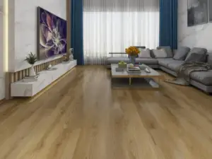 Oia Paradigm Flooring Odyssey 20MIL WPC installed in open contemporary living room with media wall — warm — Los Altos