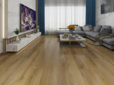 Oia Paradigm Flooring Odyssey 20MIL WPC installed in open contemporary living room with media wall — warm — Los Altos