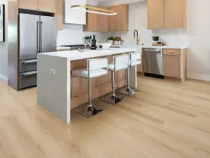 Onyx Vellichor Gemstone SPC installed in kitchen — pale beige featuring gentle warm amber hints — Los Altos