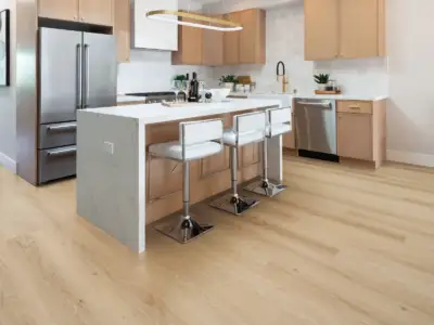 Onyx Vellichor Gemstone SPC installed in kitchen — pale beige featuring gentle warm amber hints — Los Altos