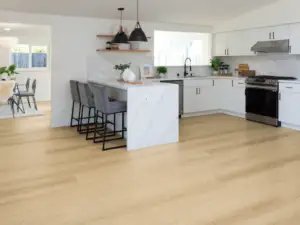 Ossa Vellichor Summit SPC installed in open-plan great room — medium beige with gentle warmth — Campbell