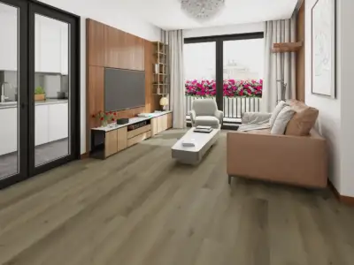 Owl Paradigm Flooring Performer PLUS SPC installed in modern condo living room — honey-toned medium beige — Los Gatos