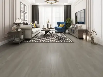 Oyster Paradigm Flooring Performer 12MIL SPC installed in transitional living room — sophisticated grey-beige — Saratoga