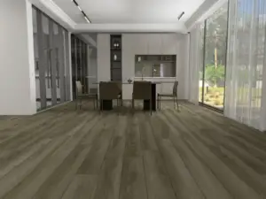 Passage Paradigm Flooring Conquest 20MIL SPC installed in open dining room — medium grey with warm beige soul — Hayward