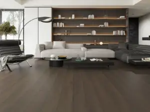 Powell Paradigm Flooring Insignia 20MIL WPC installed in open contemporary living room — deep espresso brown — Sunnyvale