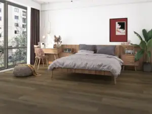 Quail Paradigm Flooring Performer PLUS SPC installed in modern Scandinavian bedroom — rich medium brown — Cupertino