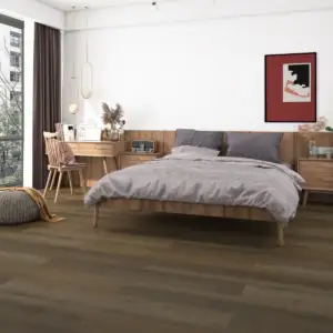 Quail Paradigm Flooring Performer PLUS SPC installed in modern Scandinavian bedroom — rich medium brown — Cupertino