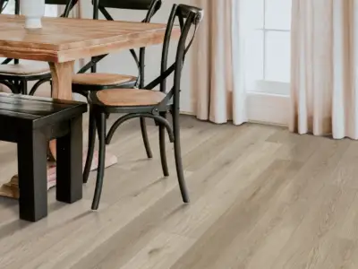 Radley Oak COREtec Pro Enhanced SPC installed in dining room — sandy brown with warmth — Saratoga