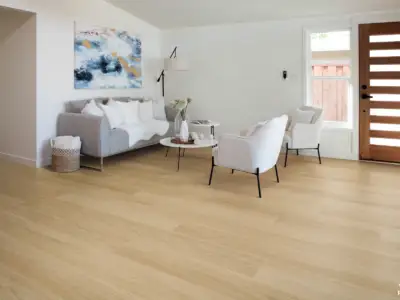 Rainier Vellichor Summit SPC installed in living room — soft warm beige displaying tight linear grain — Menlo Park