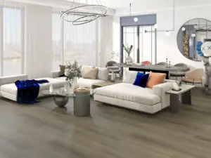 Raven Paradigm Flooring Performer PLUS SPC installed in living room — warm taupe with subtle golden — Mountain View