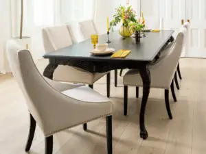 Ravenswood Oak COREtec Pro Premium SPC installed in dining room — warm greige beige with subtle oak grain — Menlo Park