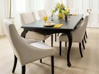 Ravenswood Oak COREtec Pro Premium SPC installed in dining room — warm greige beige with subtle oak grain — Menlo Park