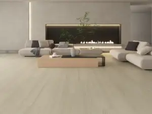 Rhea eSPC flooring in a modern living room, soft medium beige.
