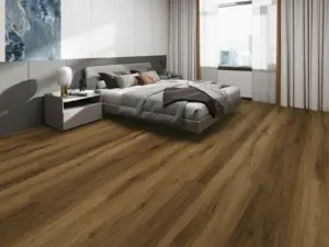 Rhodes Paradigm Flooring Odyssey 20MIL WPC installed in modern master bedroom — rich caramel-brown — Palo Alto