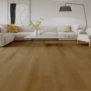 Riva Gaia Floors Eterra Red SPC installed in living room — warm caramel brown with natural wood grain — Castro Valley