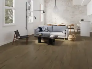 Robin Paradigm Flooring Performer PLUS SPC installed in loft-style open living and dining — warm chestnut — San Mateo