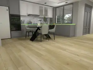 Royalty Paradigm Flooring Conquest 20MIL SPC installed in kitchen — light warm tan with creamy depth — Fremont