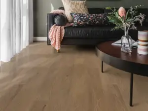 San Marino Elm COREtec Pro Enhanced SPC installed in living room — warm honey-brown with depth — Castro Valley